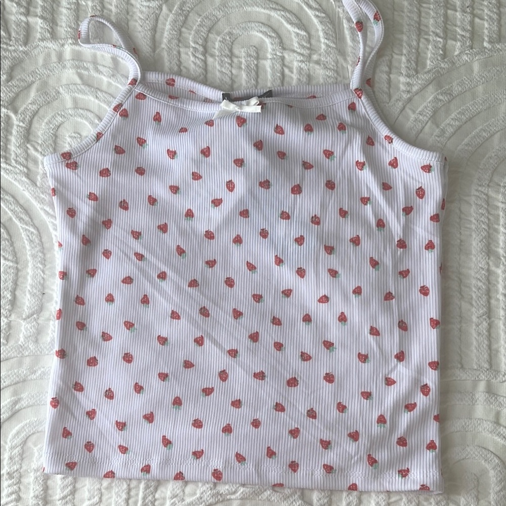White Tank Top with Strawberry Pattern